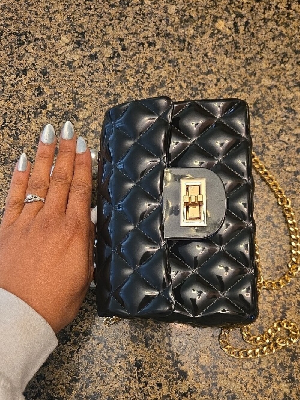 Black Quilted Patent Crossbody Bag with Pearl Handle - Picture 4 of 5